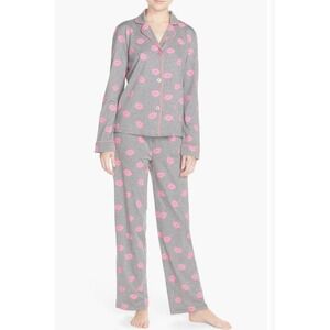 P.J. Salvage Gray Pink Lip Print Long Sleeve Cozy Cotton Pajama Set Sz S‎ $139